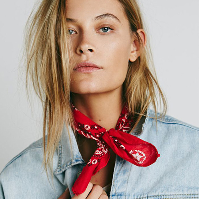 Red Paisley Bandana Neck Scarf with Denim Jacket — Bandana Outfits