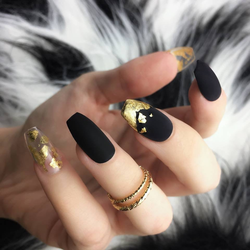 Matte Black and Gold Foil Coffin Nails Matte Black and Gold Foil Coffin Nails — Foil Nails