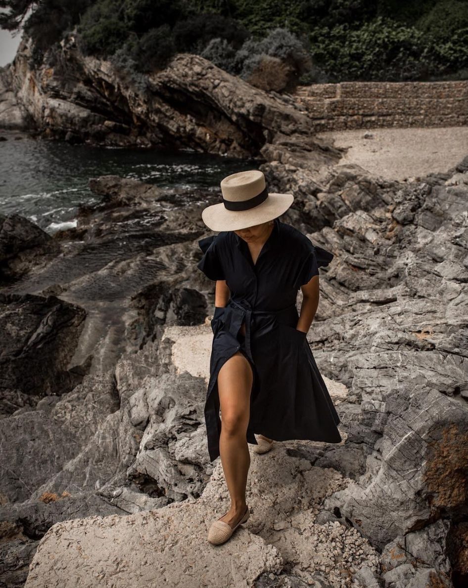 Navy Shirt Dress with Wide Brim Straw Hat and Nude Flats Navy Shirt Dress with Wide Brim Straw Hat and Nude Flats — Wide Brim Hat Outfits