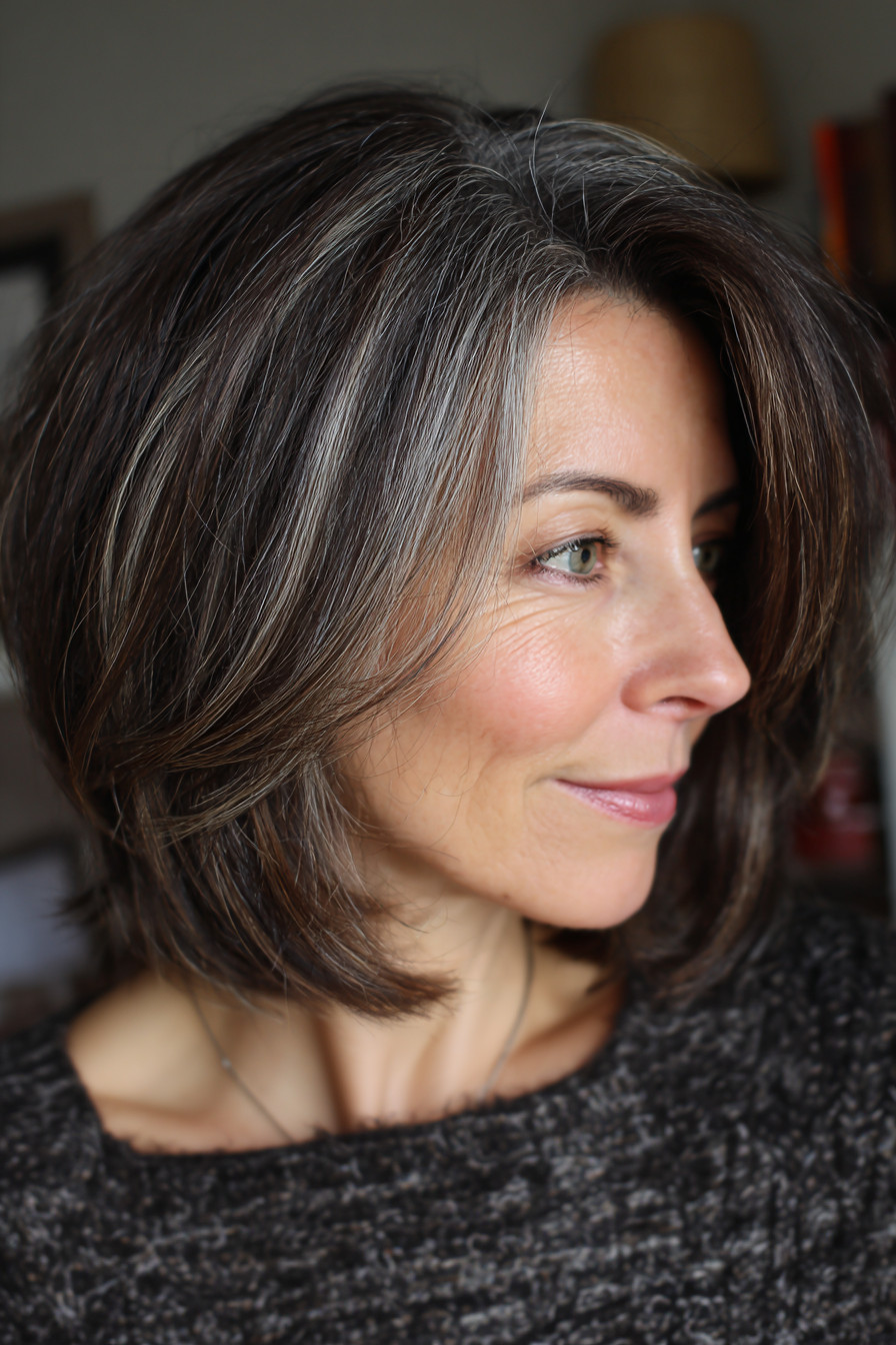Salt and Pepper Bob With Side Fringe — Balayage Over 50