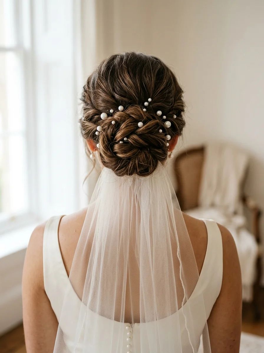 Braided Dark Brown Bun with Pearls — Wedding Low Bun