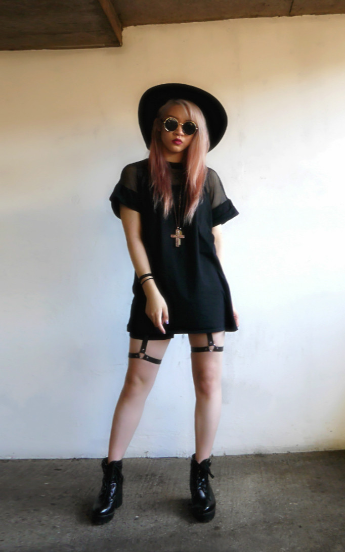 Gothic Edge: T-Shirt Dress with Sheer Top and Thigh-High Garters Gothic Edge: T-Shirt Dress with Sheer Top and Thigh-High Garters — Tumblr Outfits