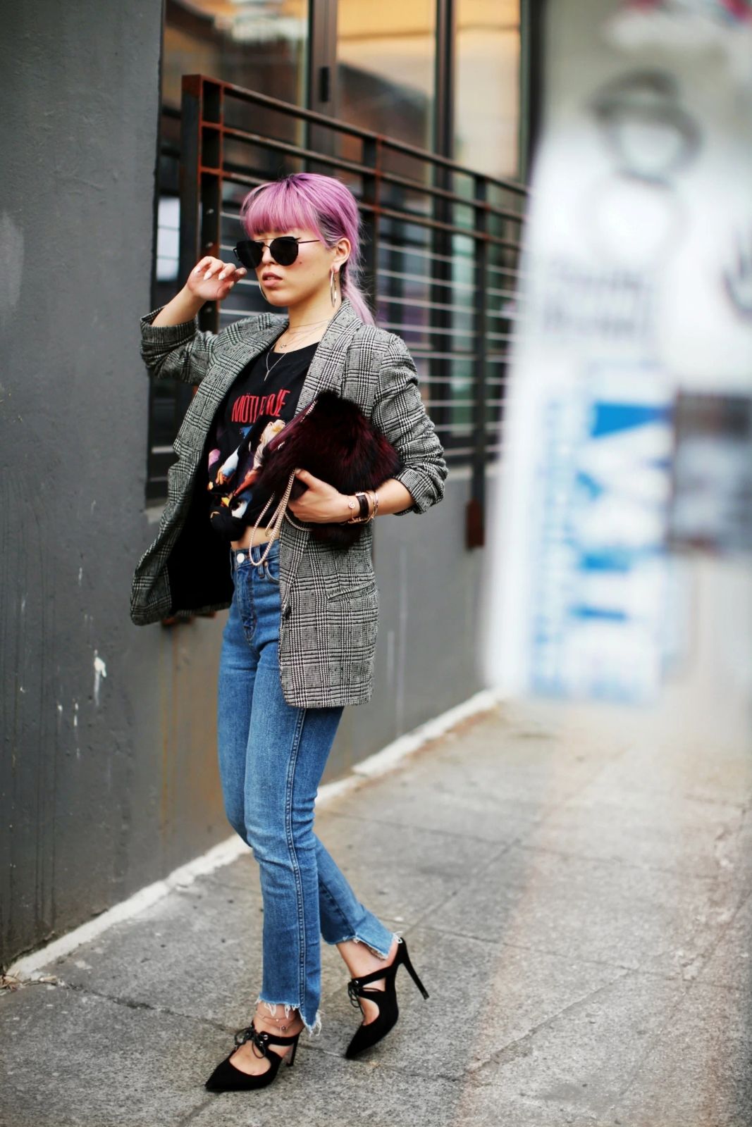 Chic Band Tee with Blazer, Heels, and Fur Clutch — Band Tee Outfits