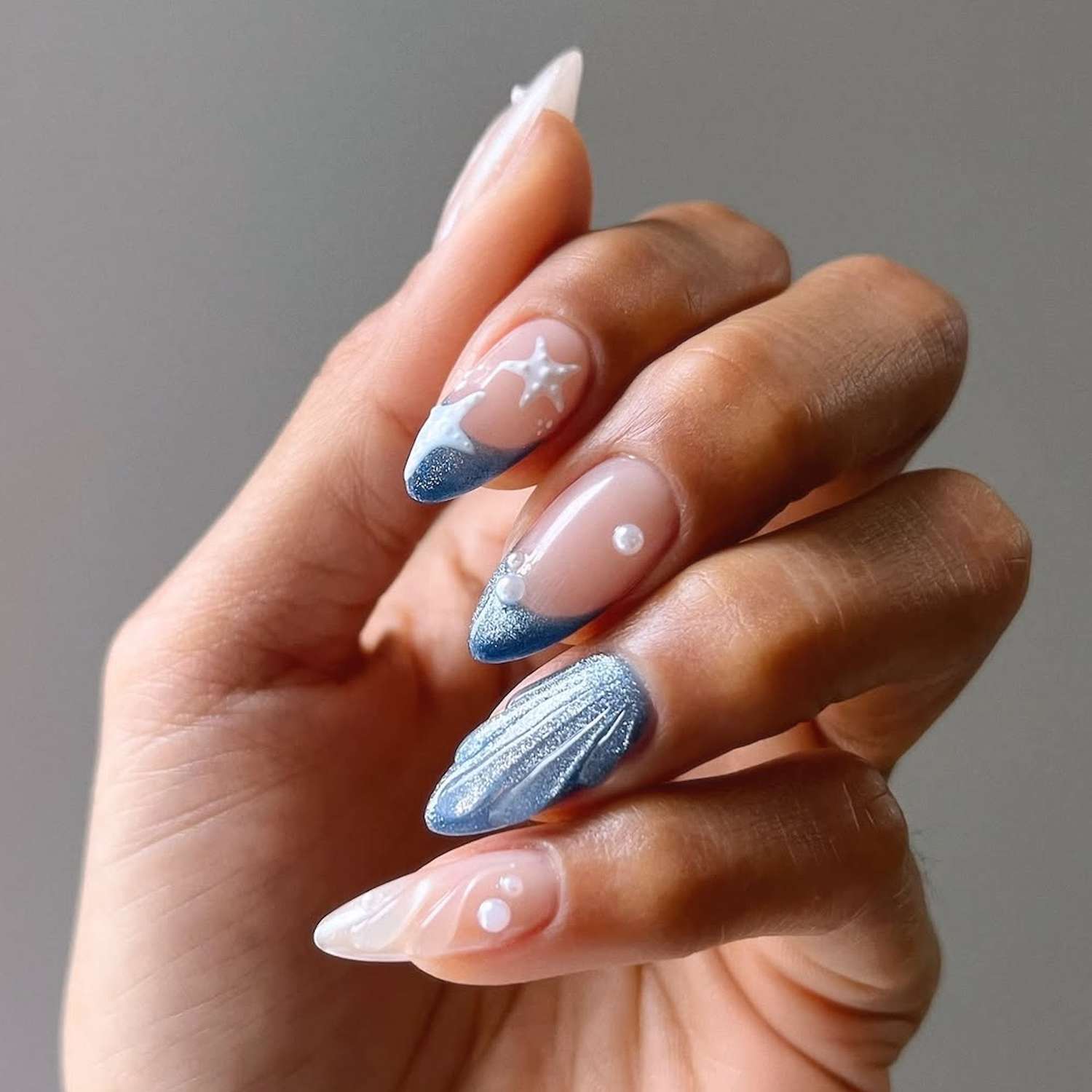 Blue Glitter French Tips with Pearls — Girls Trip Nails