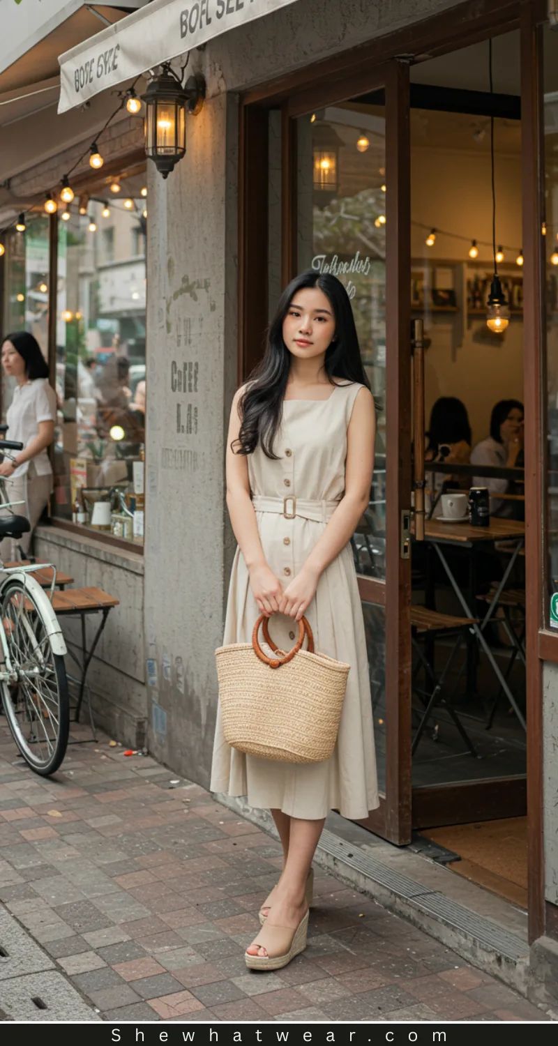 Beige Belted Midi Dress with Espadrille Wedges and Straw Tote — Midi Dress Outfits