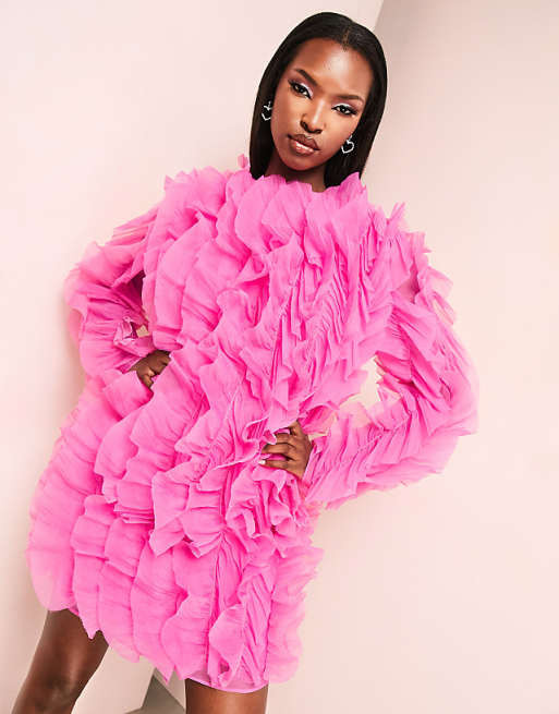 Hot Pink Organza Mini Dress with Cascading Ruffles and Long Sleeves Hot Pink Organza Mini Dress with Cascading Ruffles and Long Sleeves — Ruffle Dresses