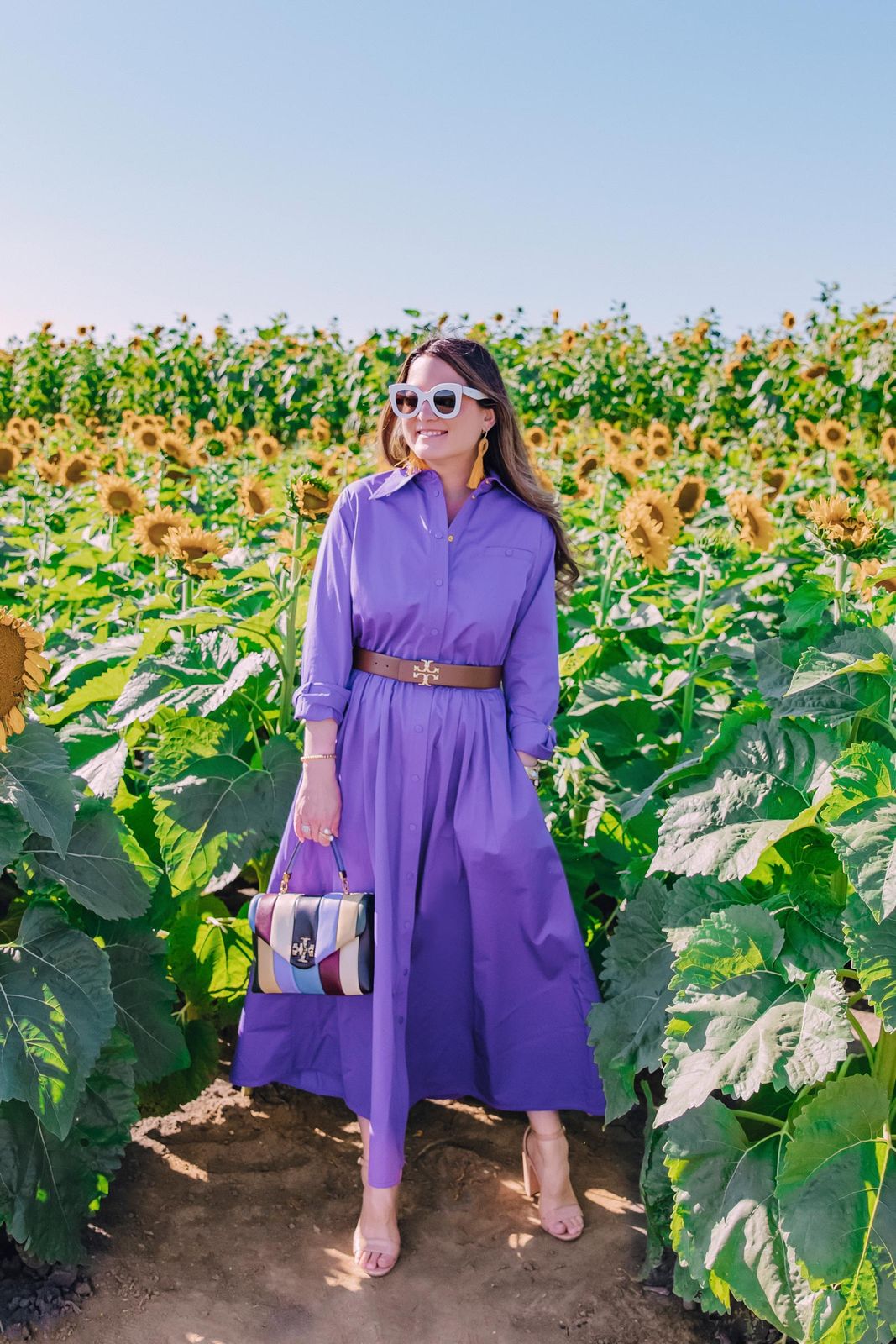 Vibrant Shirtdress with Belt and Statement Accessories Vibrant Shirtdress with Belt and Statement Accessories — Tory Burch Outfits