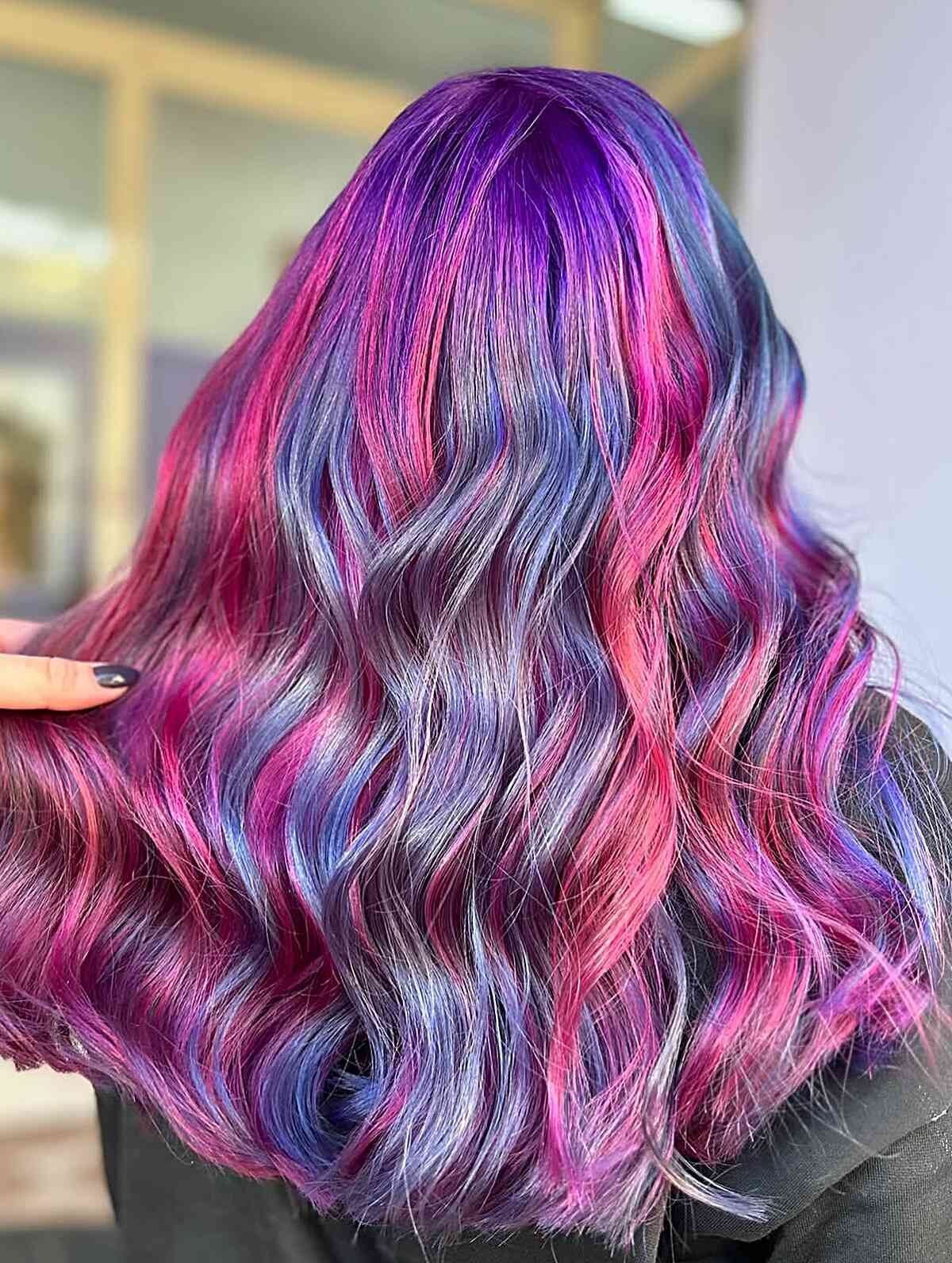 Mid-Back Long Thick Waves Deep Blue Teal Purple Mid-Back Long Thick Waves Deep Blue Teal Purple — Galaxy Hair