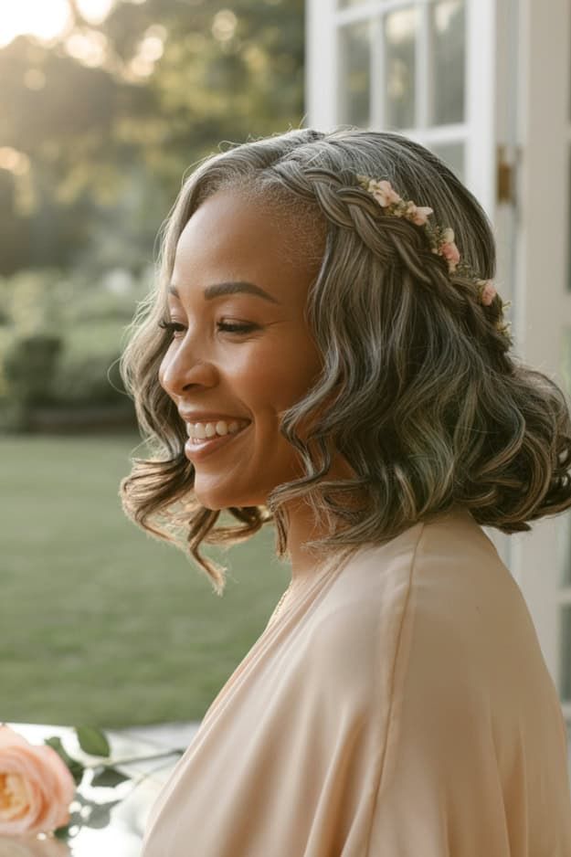 Romantic Grey Bob with Braided Headband — Mother of the Groom Hairstyles