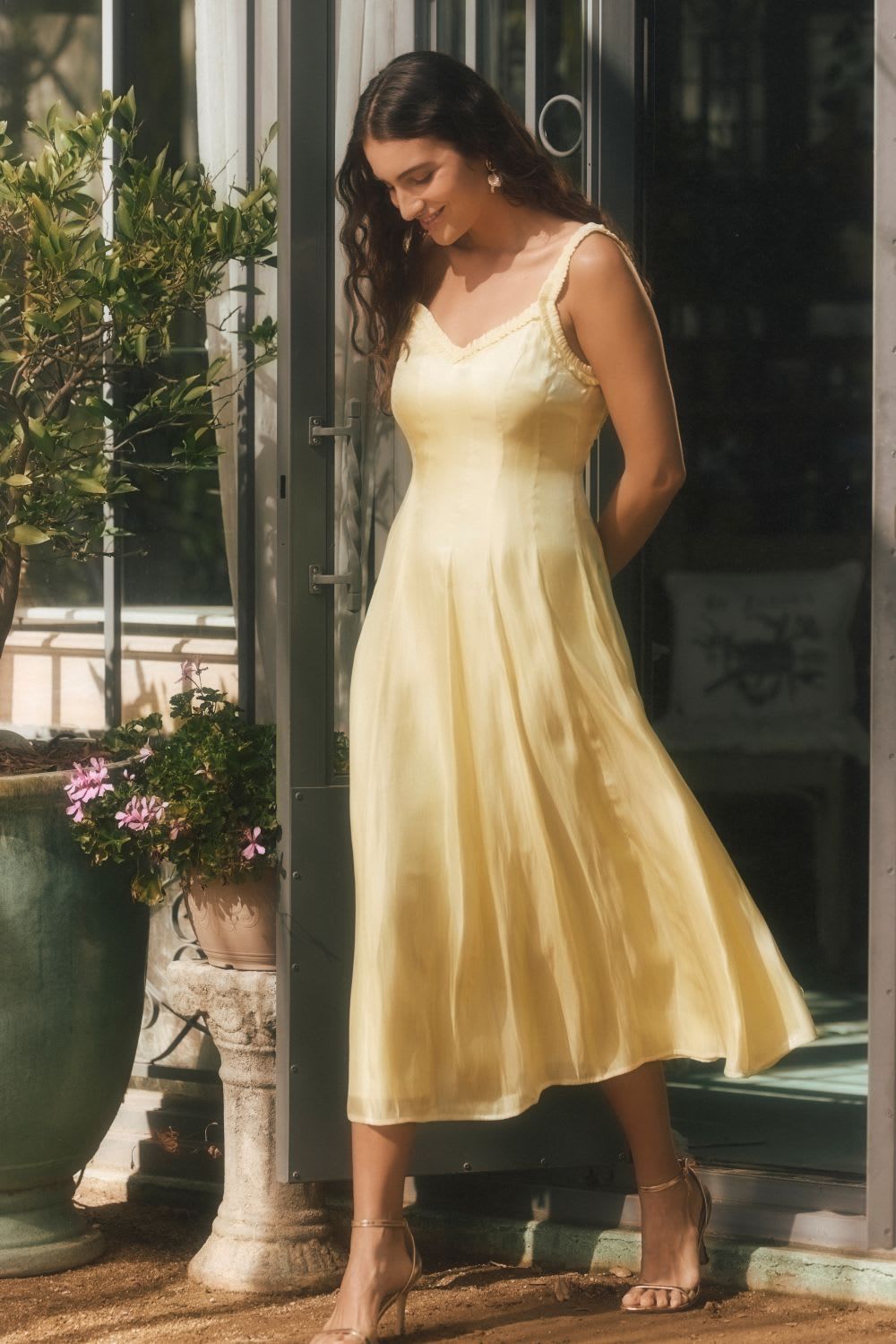 Pale Yellow Silk Midi Dress with Lace Trim — Garden Party Outfits