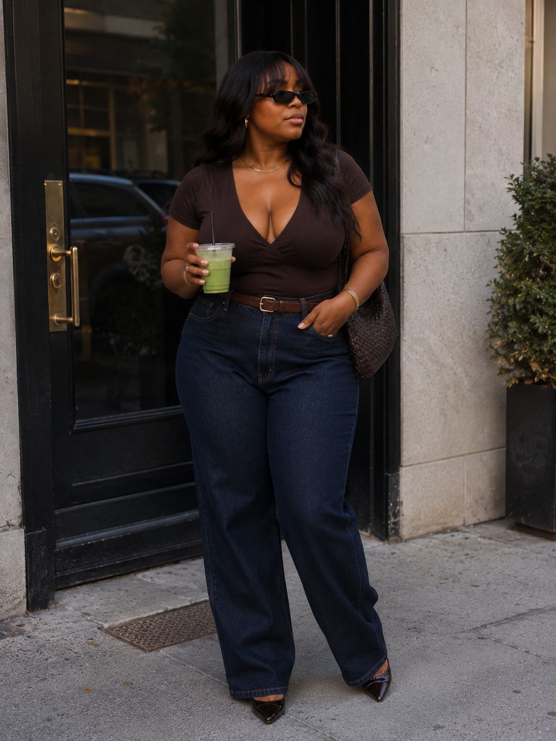 V-Neck Bodysuit and Wide-Leg Jeans: Streamlined Silhouette — Outfits for Big Arms