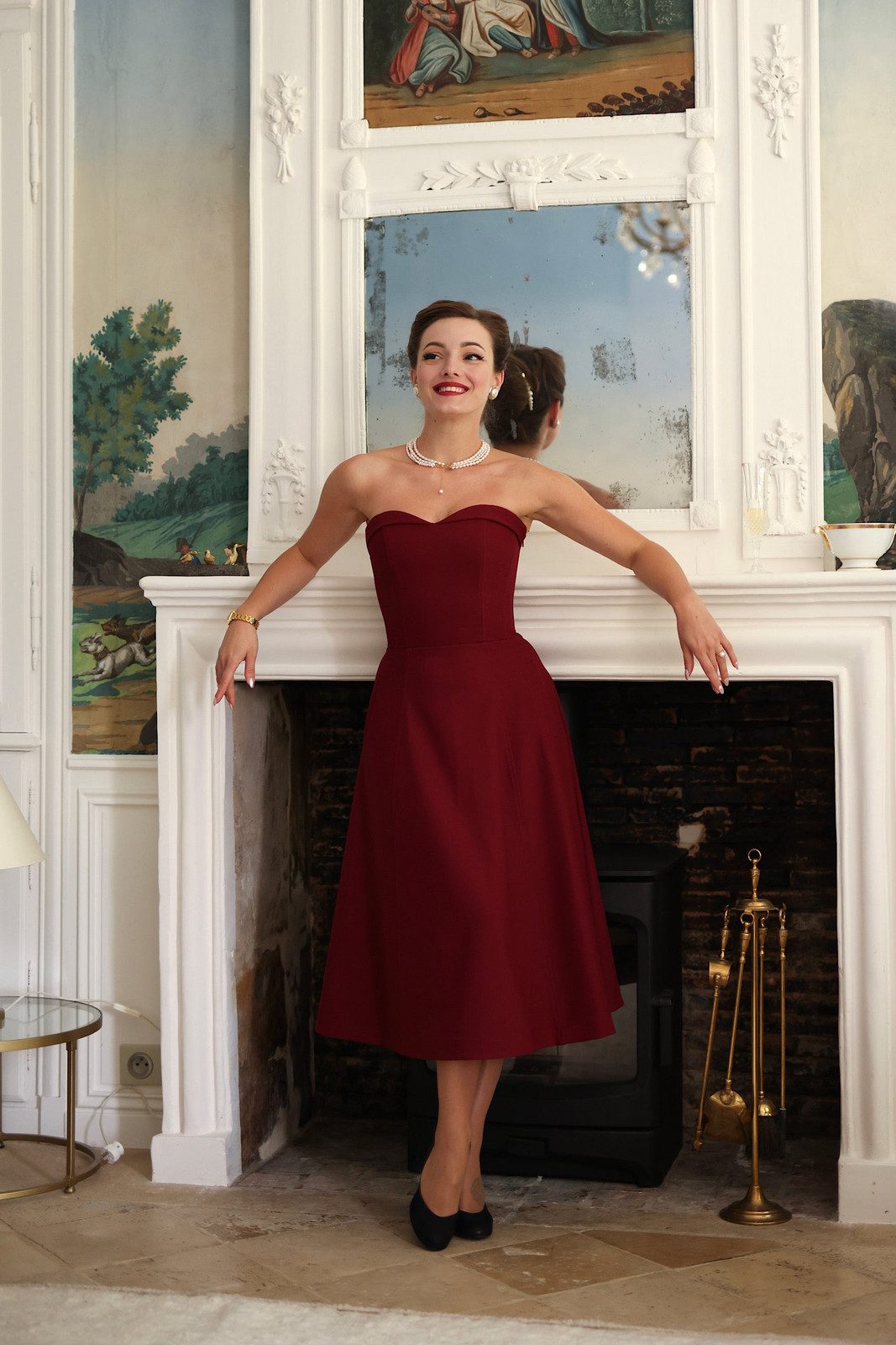 Burgundy Strapless Midi Dress with Pearl Necklace Accent — Casino Outfits