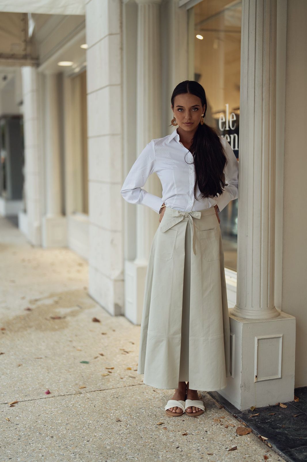 Casual Beige A-Line Maxi Skirt with a Crisp White Shirt Casual Beige A-Line Maxi Skirt with a Crisp White Shirt — A Line Skirt Outfits