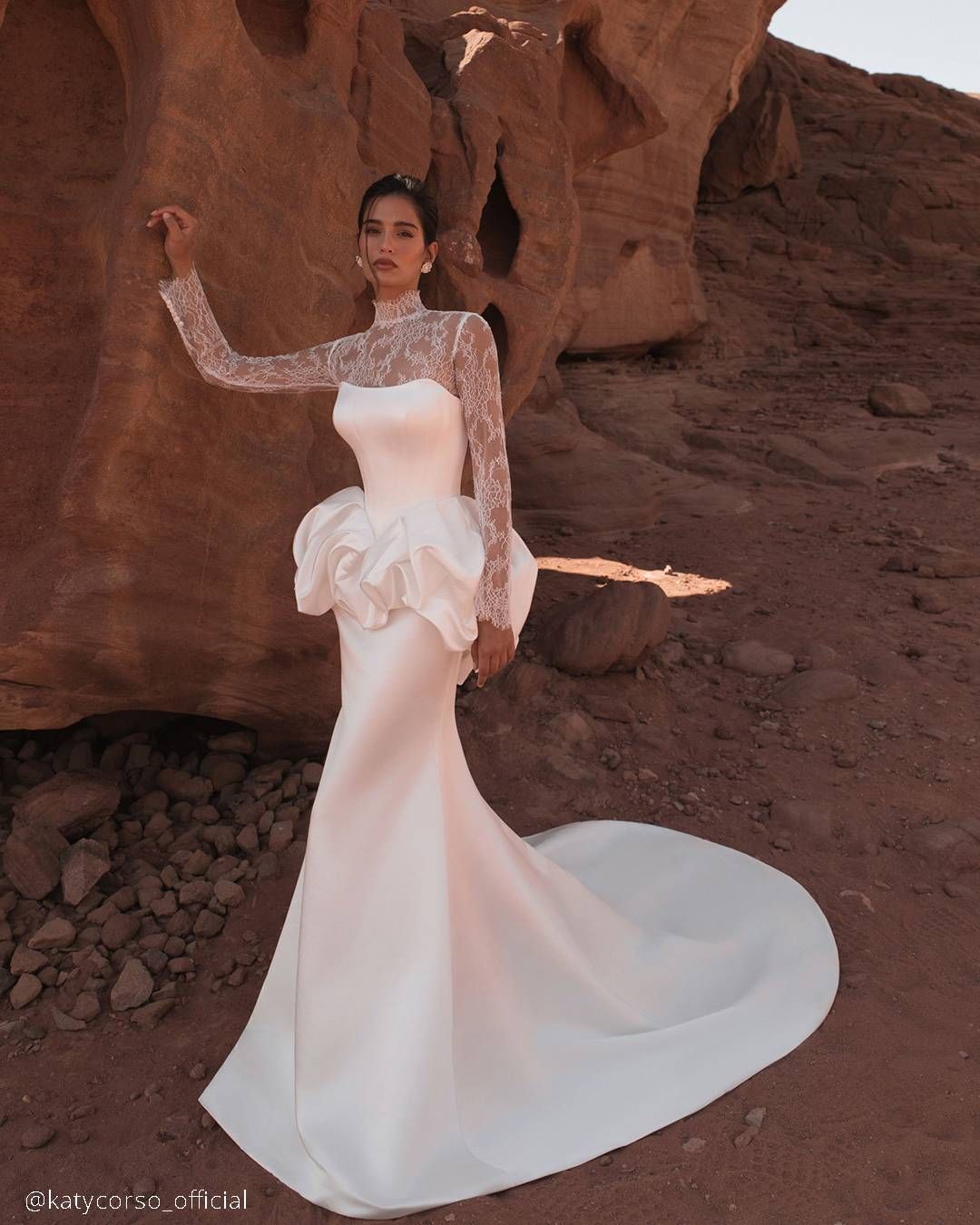 Ivory Satin Wedding Dress with Peplum Detail and Lace Top Ivory Satin Wedding Dress with Peplum Detail and Lace Top — Mermaid Dresses
