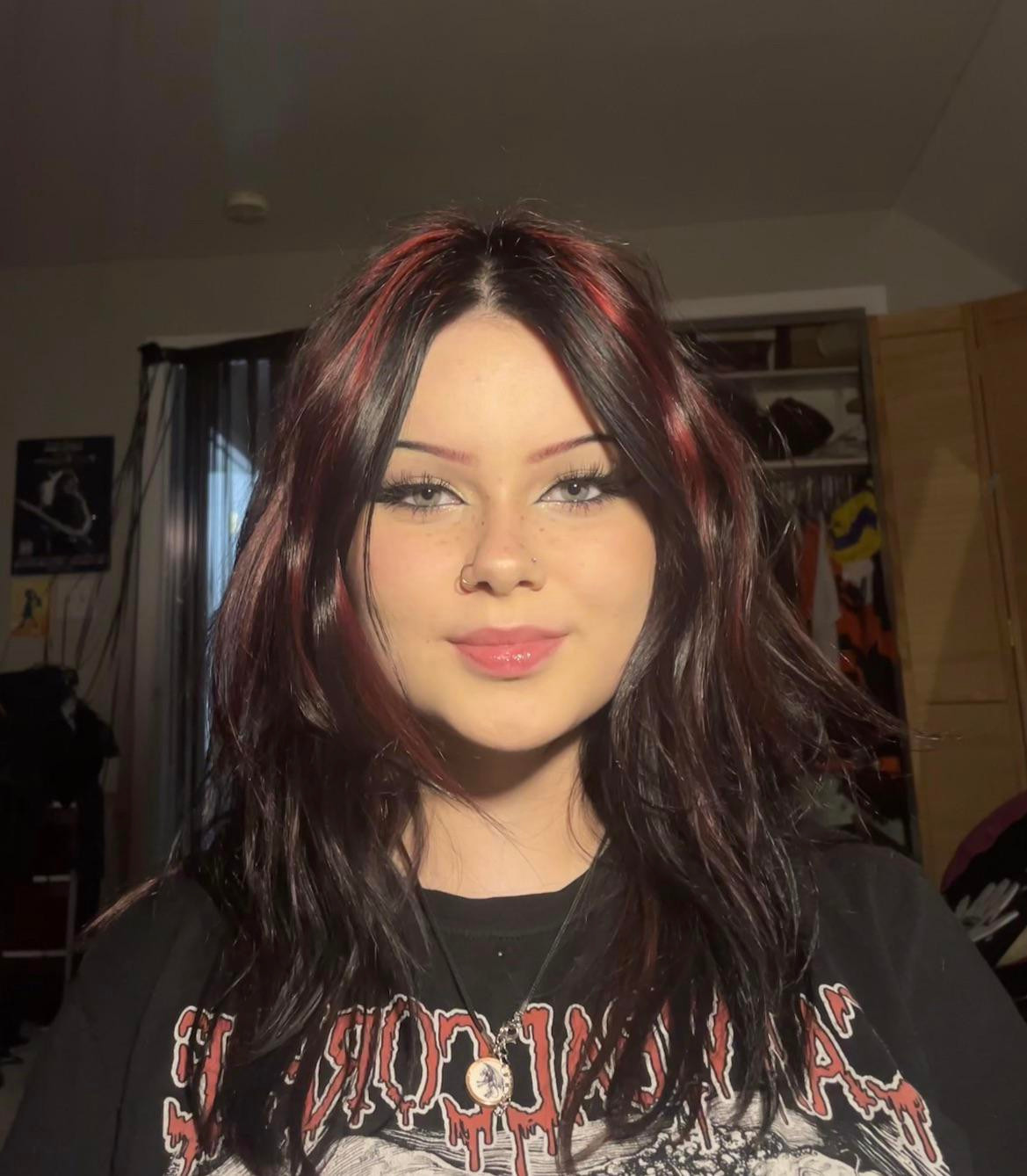 Chunky Red Highlights With Curtain Bangs Chunky Red Highlights With Curtain Bangs — Red Highlights on Black Hair
