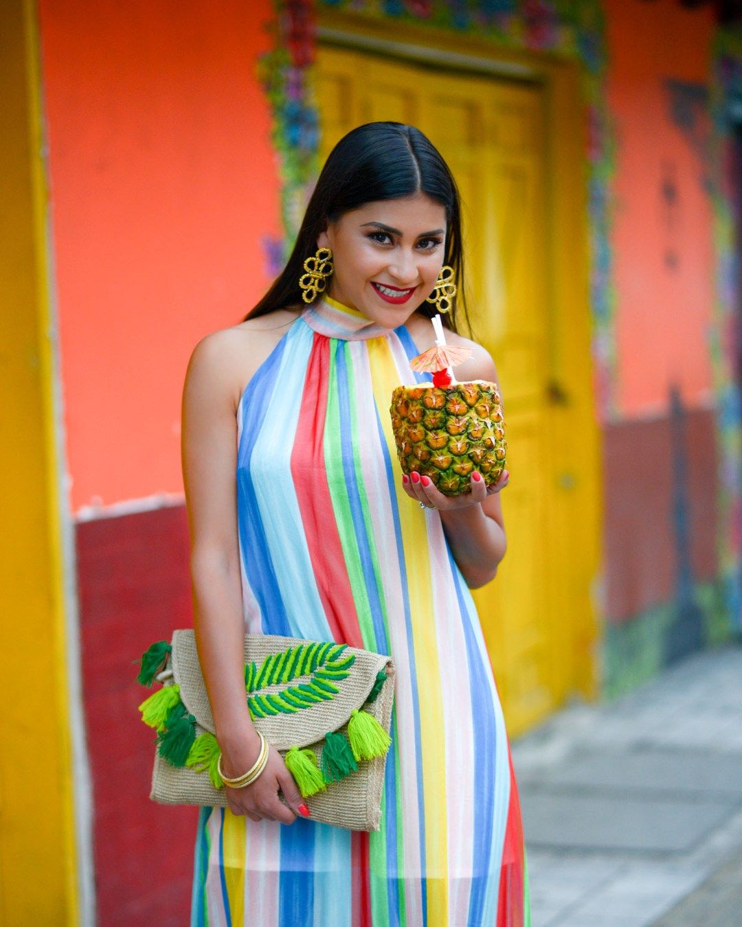 Vibrant Vacation Vibes: Striped Halter Maxi Dress with Gold Accents — Cartagena Outfits