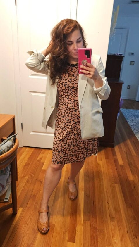 Beige Blazer Over Patterned Dress for a Smart Casual Blend — Smart Casual Outfits