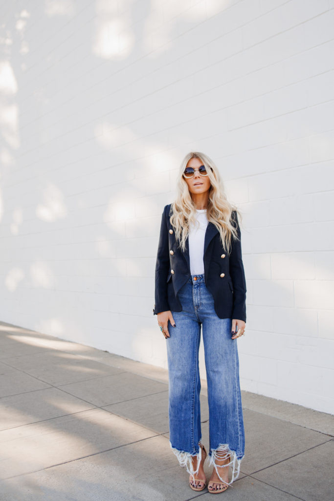 Frayed Hem Wide-Leg Jeans with Blazer and Heeled Sandals Frayed Hem Wide-Leg Jeans with Blazer and Heeled Sandals — Ripped Jeans Outfits