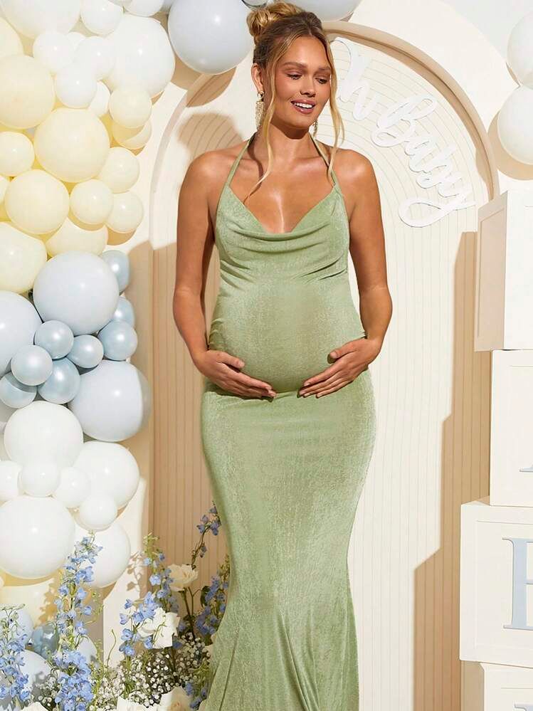 Fitted Sage Green Halter Neck Maxi Dress with Cowl Neck for a Sleek Baby Shower Fitted Sage Green Halter Neck Maxi Dress with Cowl Neck for a Sleek Baby Shower — Baby Shower Dresses