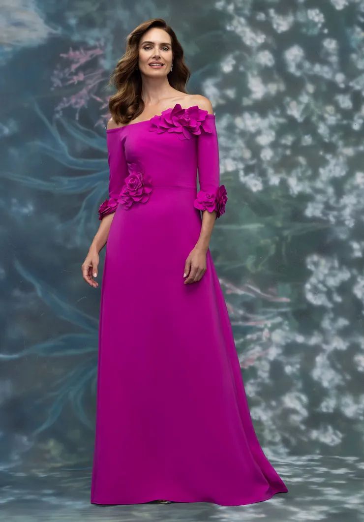 Fuchsia A-line Crepe Dress with 3D Floral Appliqués Fuchsia A-line Crepe Dress with 3D Floral Appliqués — Mother of the Bride Dresses