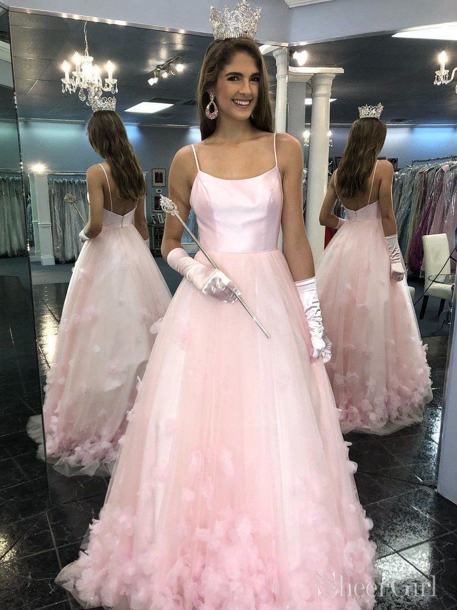 Light Pink Spaghetti Strap Ball Gown with Floral Petals — Sweet 16 Dresses