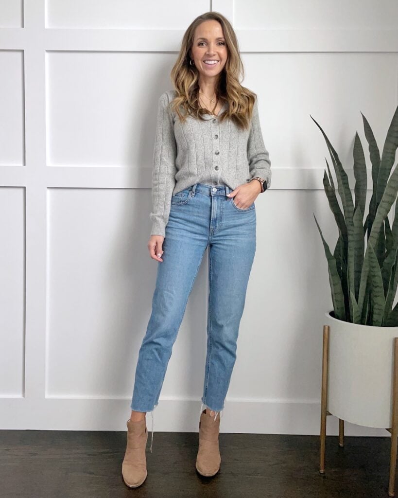 Classic Ensemble: Straight Leg Jeans with Cardigan and Ankle Boots