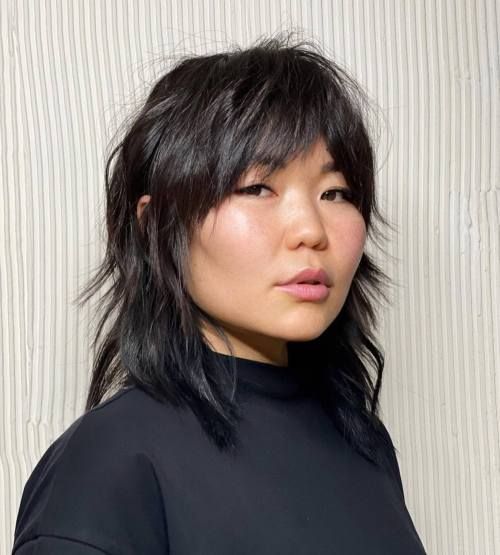 Mid-Back Shag With Blunt Fringe — Haircuts for Chubby Faces