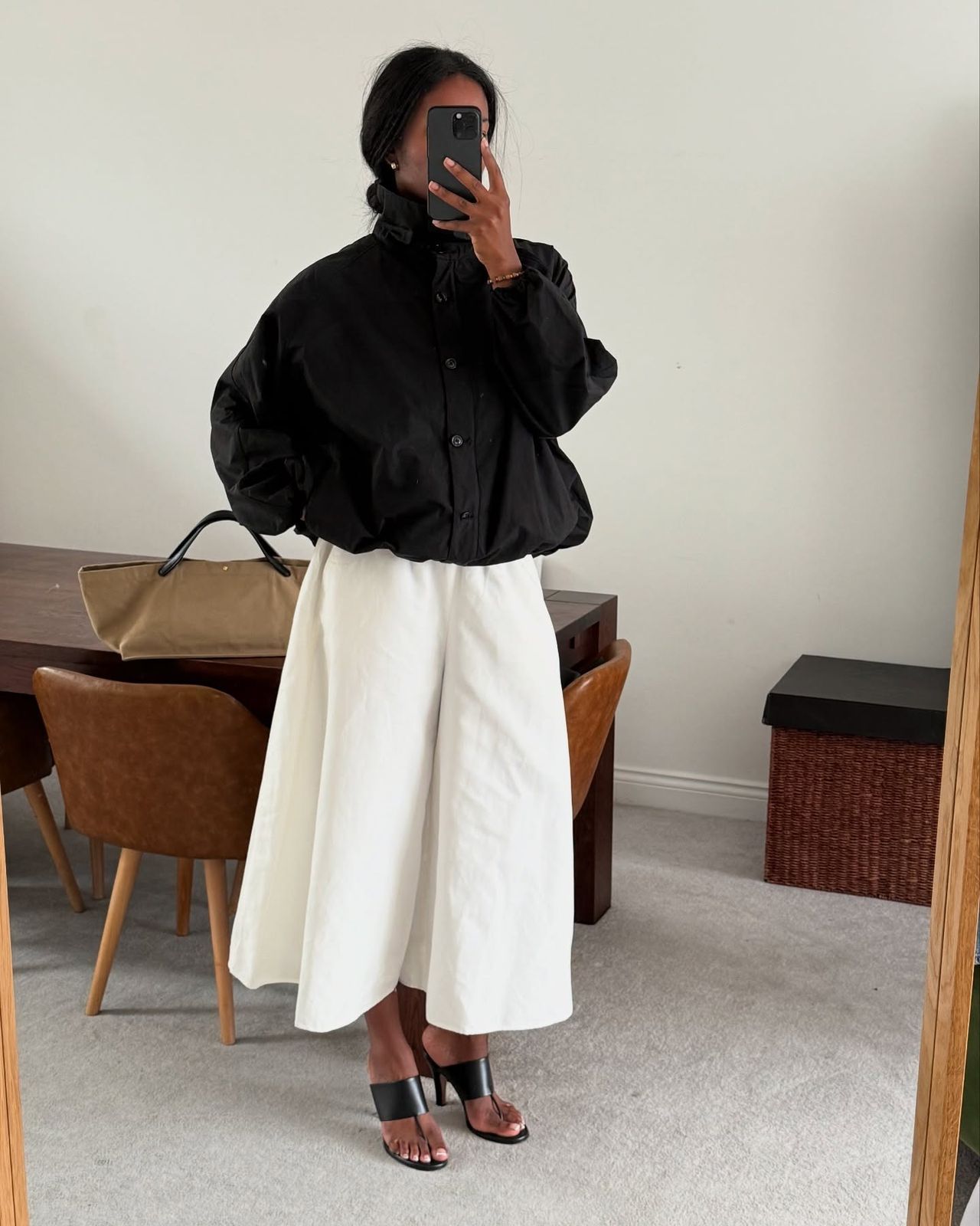 Black Cropped Windbreaker with White Culottes Black Cropped Windbreaker with White Culottes — Windbreaker Outfits