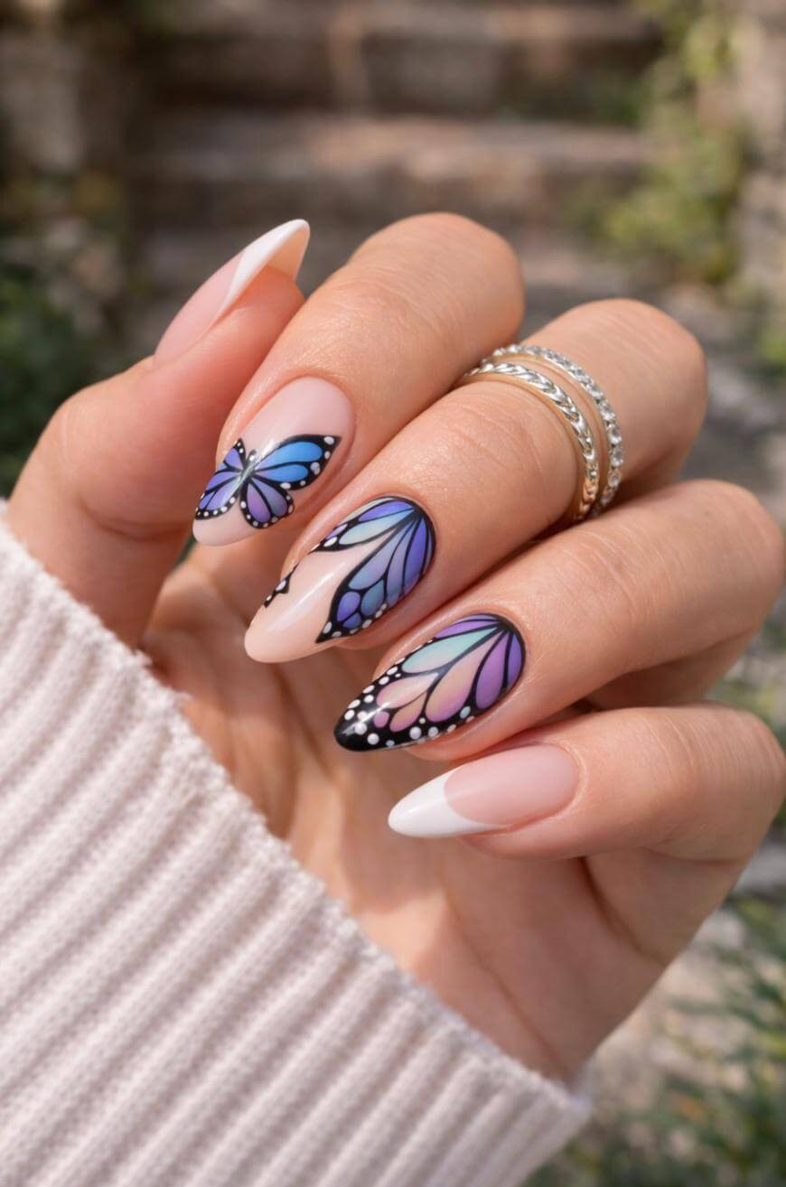Purple Blue Green Gradient Butterfly Wing Almond Purple Blue Green Gradient Butterfly Wing Almond — Butterfly Nails