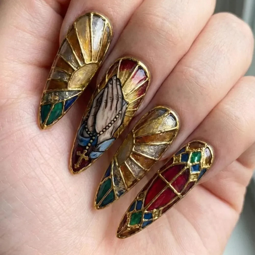 Stained Glass Stiletto Praying Hands Nails Stained Glass Stiletto Praying Hands Nails — Church Nails