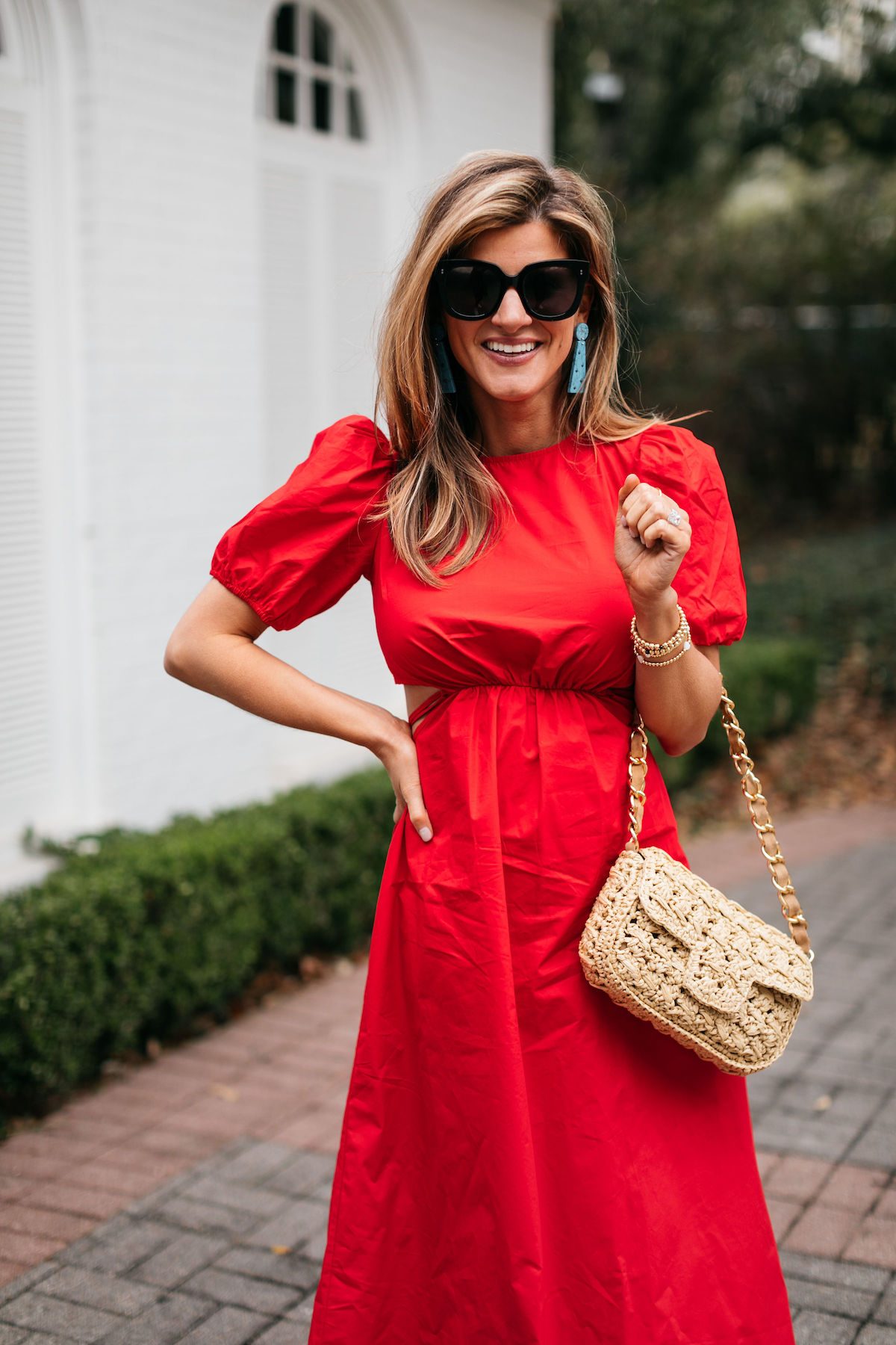 Red Puff-Sleeve Midi Dress with Cutouts for Daytime Casual — Red Outfits