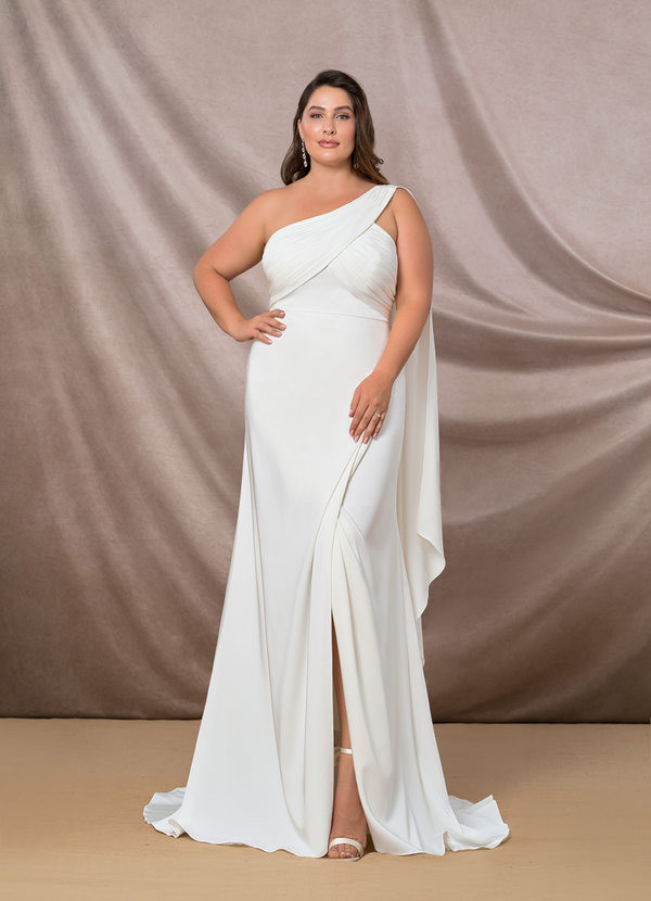 Ivory One-Shoulder Gown with Draping and Chiffon Overlay — Dresses for Apple Shape