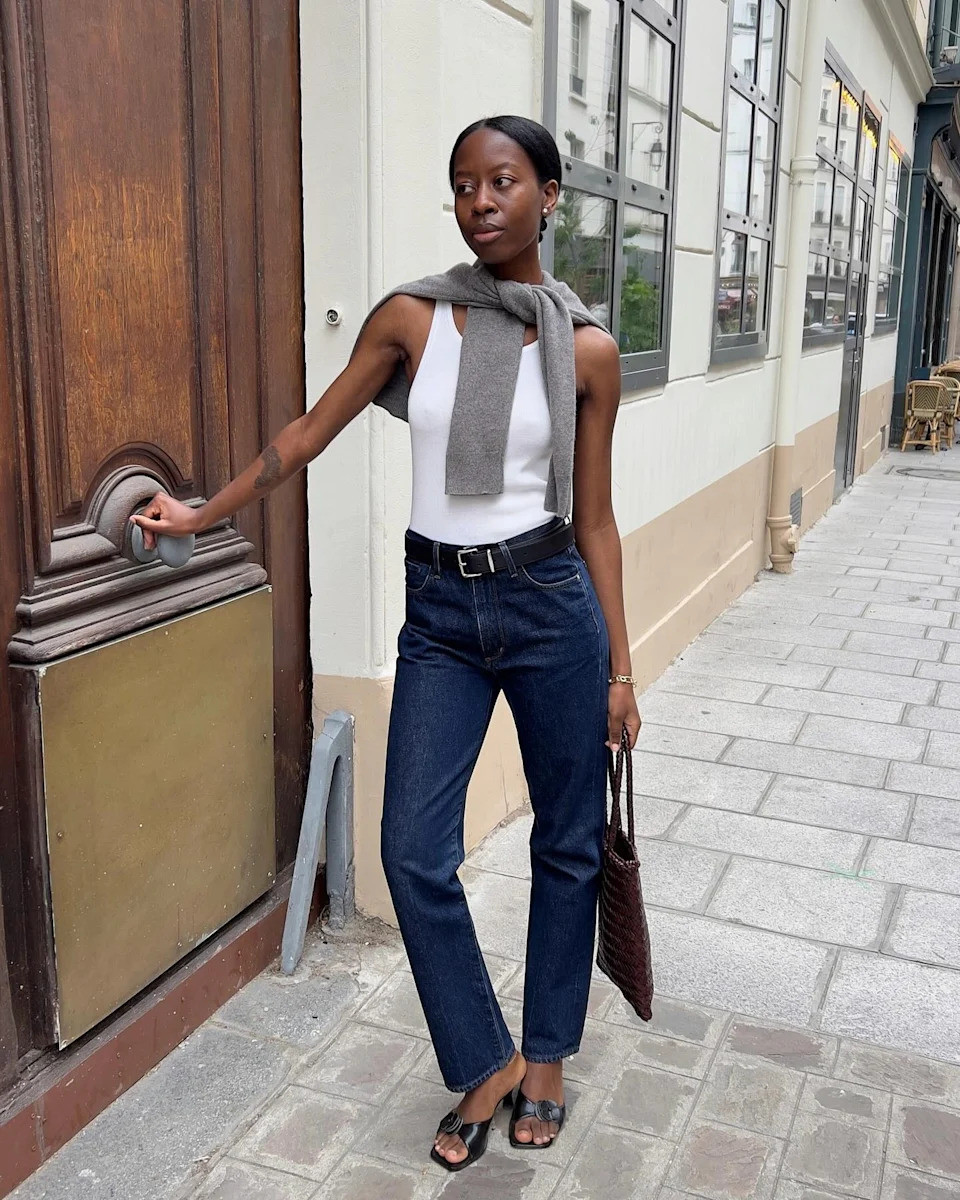 Black Heeled Mules Outfit Idea — Dark Wash Jeans Outfits