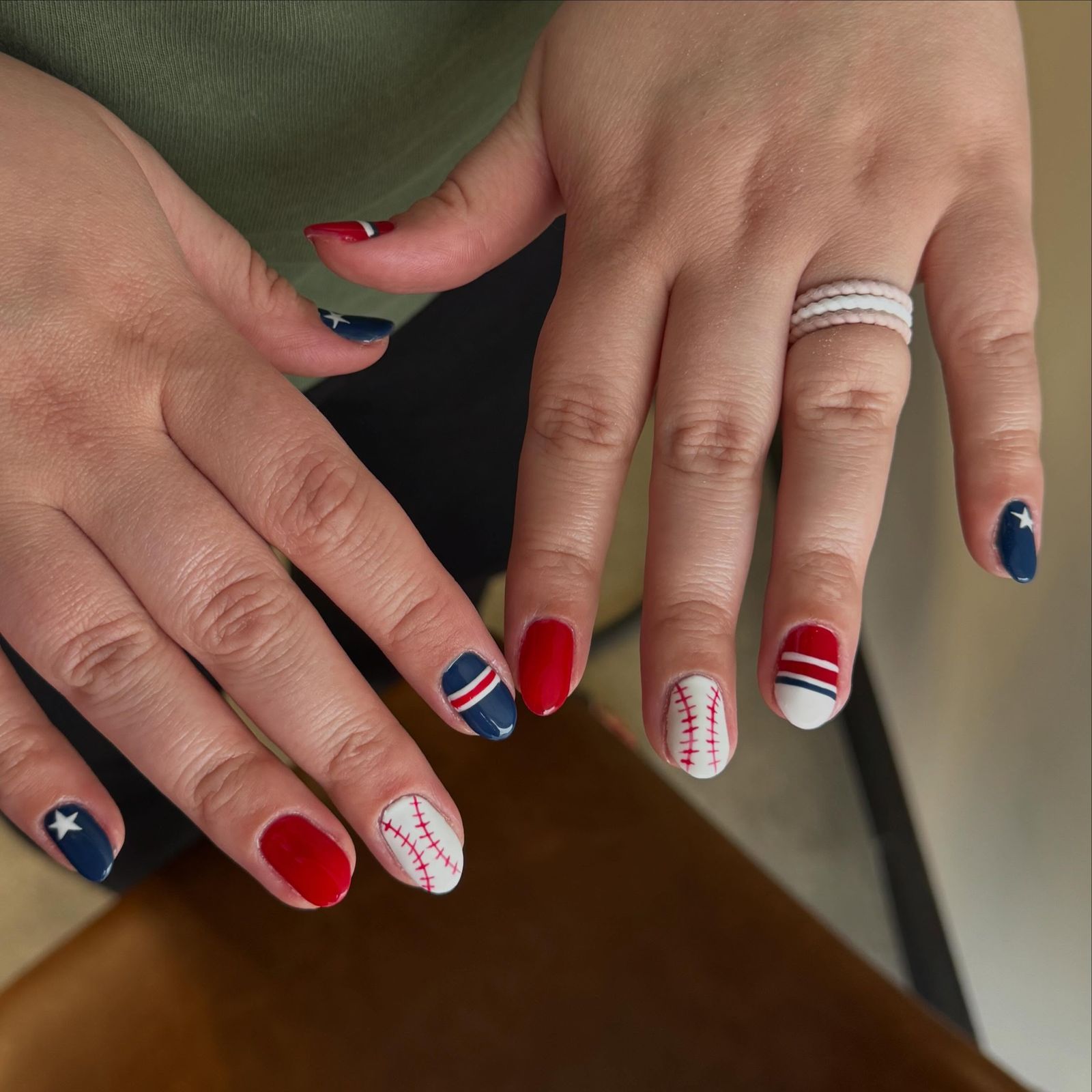 Short Rounded Square Baseball Accents — Softball Nails