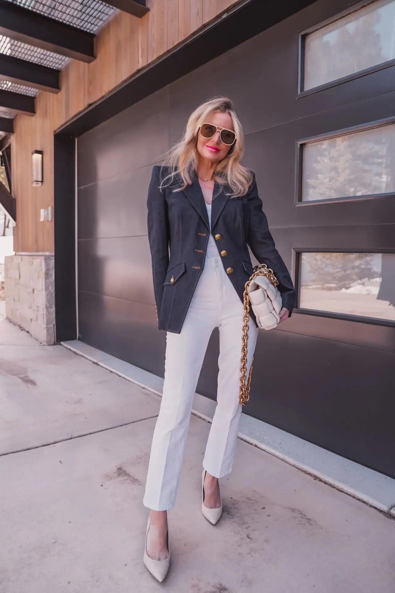 Denim Blazer with Gold Buttons for Casual Polish — Blazer Outfits