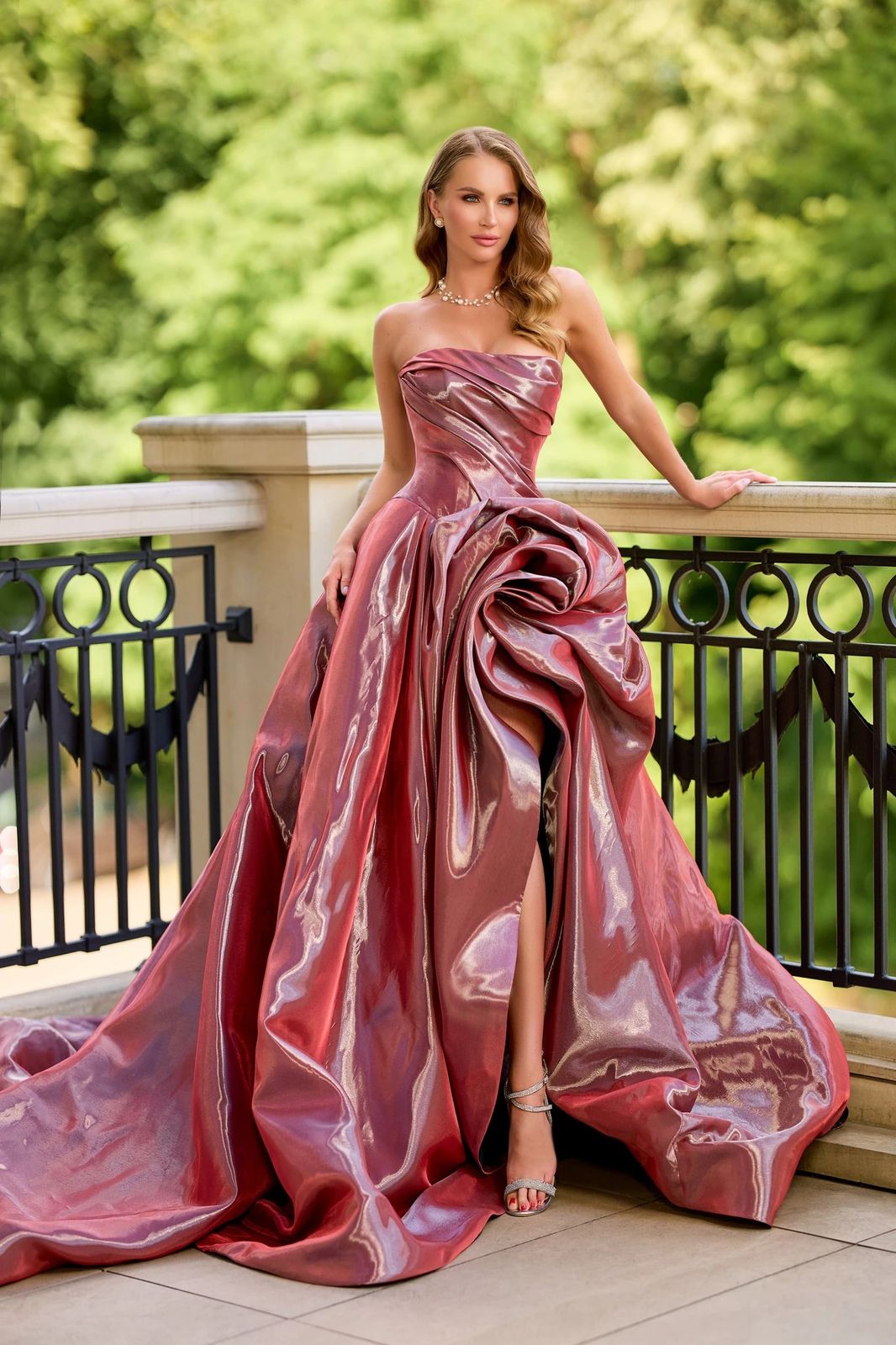 Rose Gold Metallic Ball Gown with Sculptural Skirt Detail Rose Gold Metallic Ball Gown with Sculptural Skirt Detail — Ball Gowns