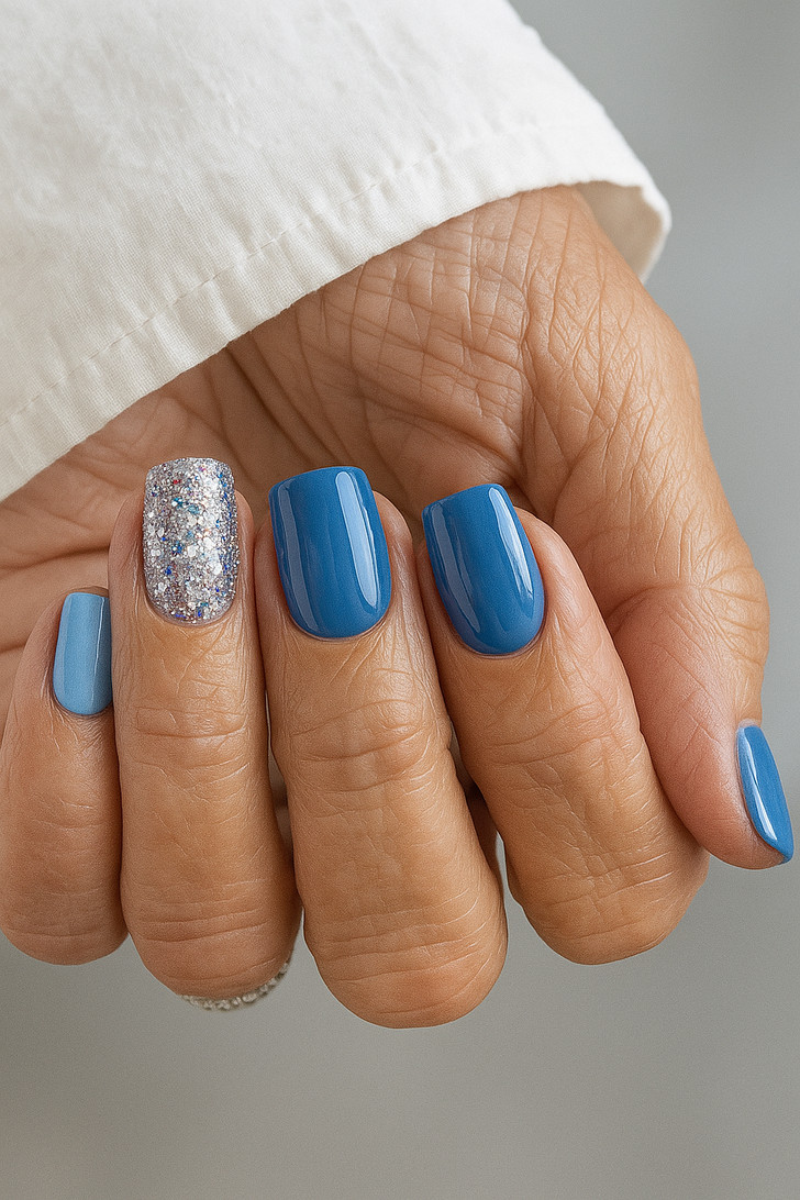 Opaque Blue with Silver Glitter Accent — Nails for Mature Hands
