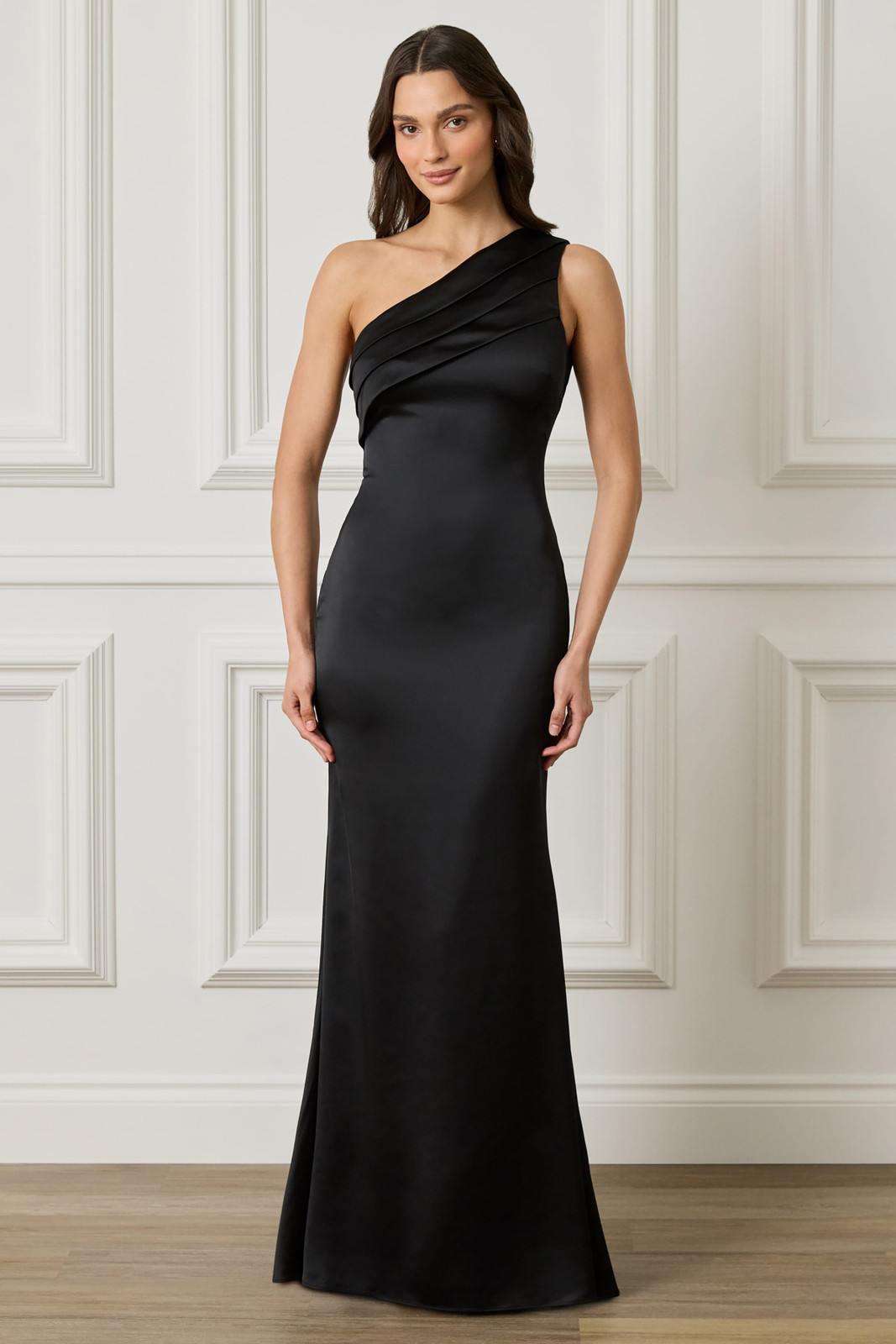 One-Shoulder Satin Gown with Asymmetrical Neckline — Black Tie Dresses