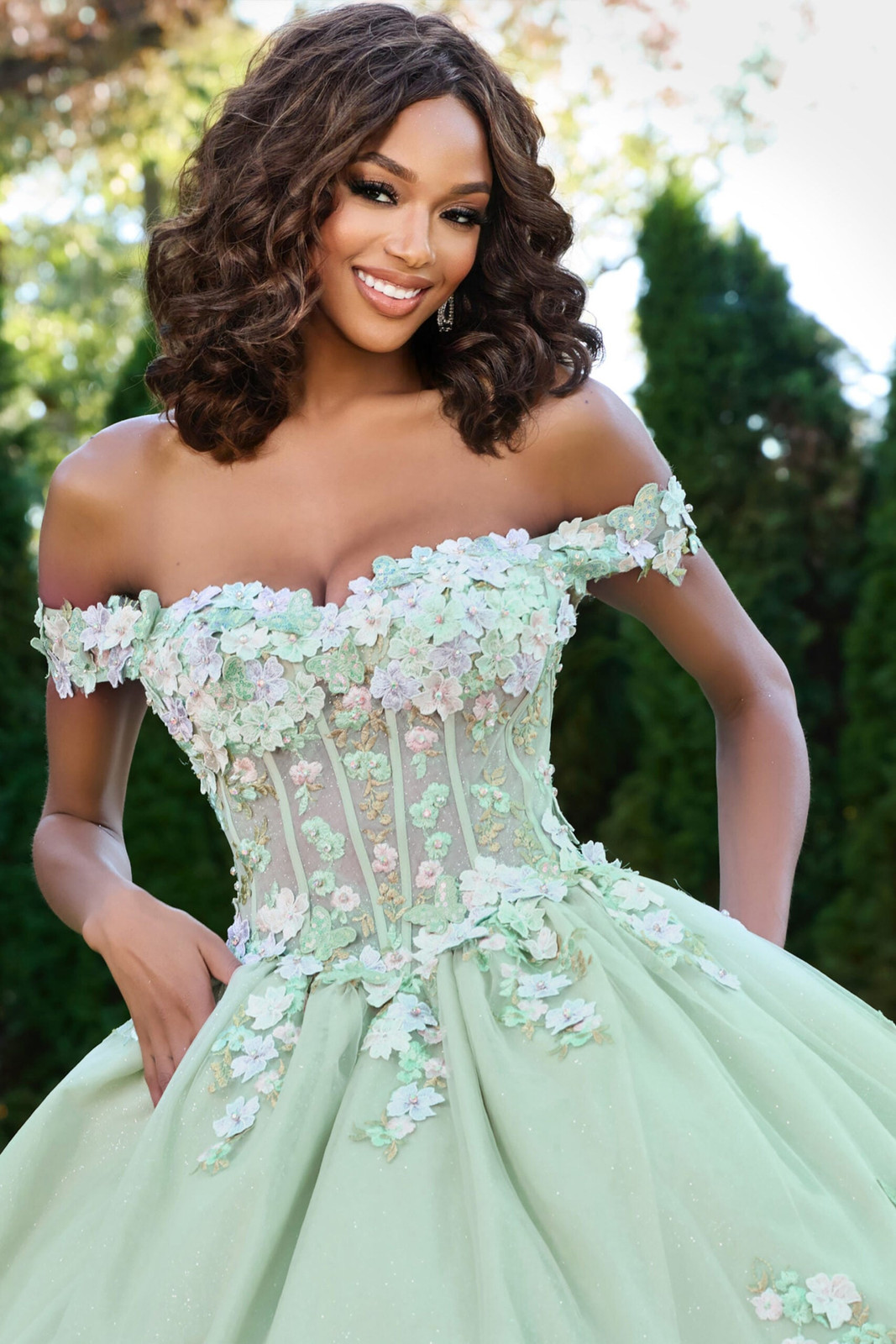 Mint Green Off-the-Shoulder Ballgown with Pastel Floral Accents Mint Green Off-the-Shoulder Ballgown with Pastel Floral Accents — Sweet 16 Guest Outfits