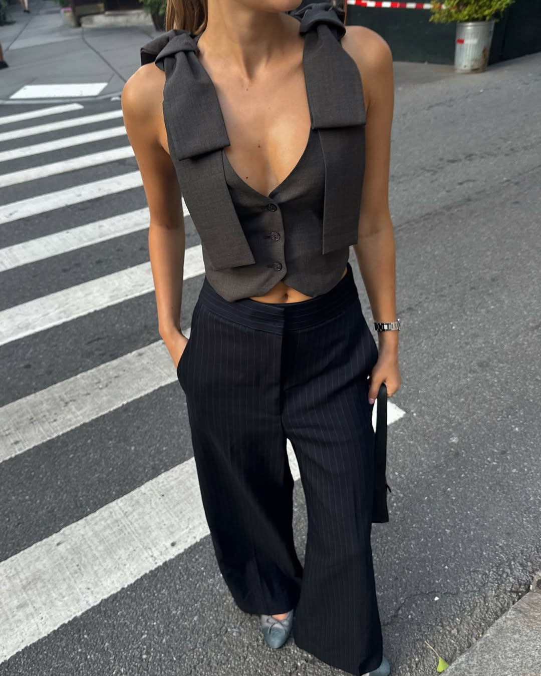 Fashion-Forward Flair: Charcoal Pinstripe Pants with a Bow Detail Vest — Pinstripe Pants Outfits