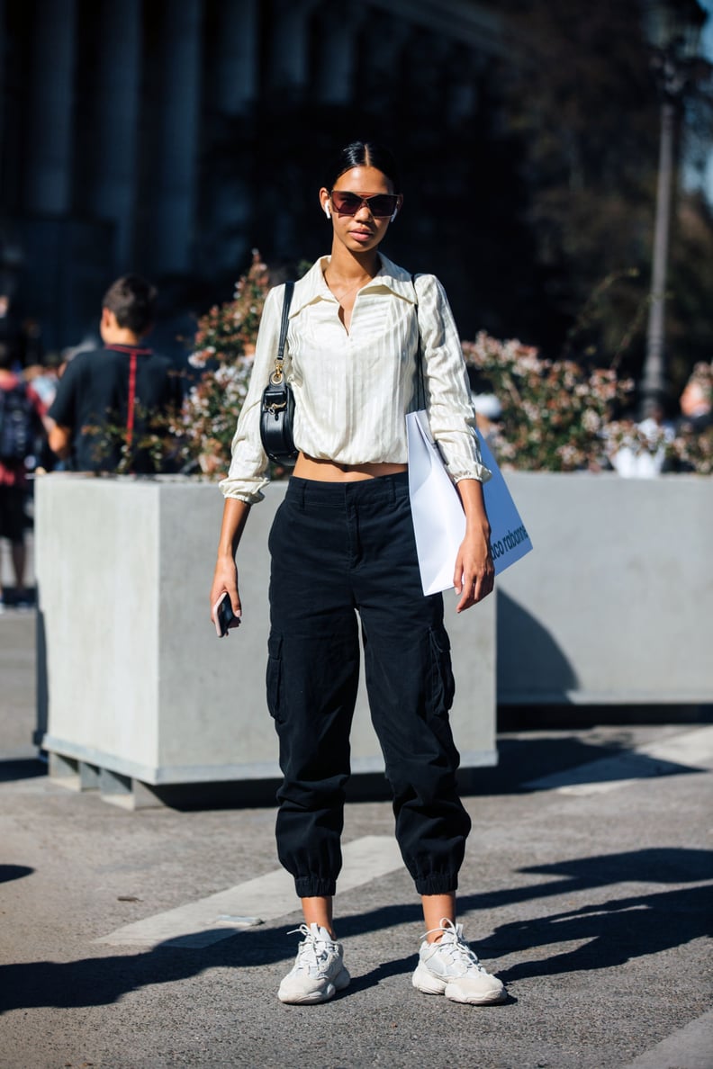 Black Corduroy Cargo Pants With a Collared Crop Top — Cargo Pants Outfits