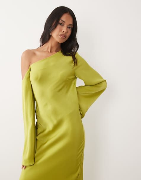 Lime Green Satin One-Shoulder Maxi Dress: Styling Variation Lime Green Satin One-Shoulder Maxi Dress: Styling Variation — Dresses for Tall Women