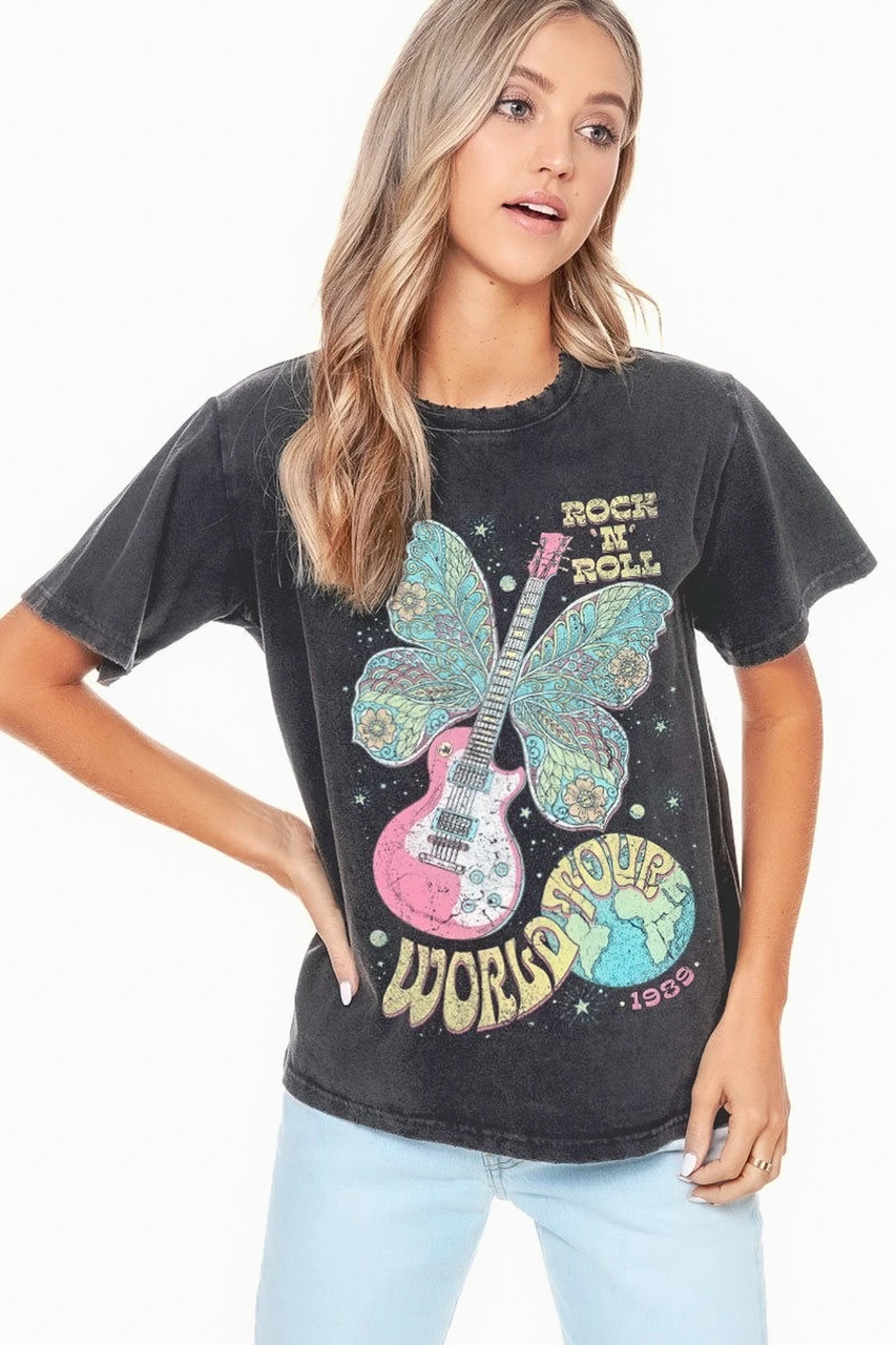 Distressed 'Rock N Roll World Tour' Tee with Distressed Details Distressed 'Rock N Roll World Tour' Tee with Distressed Details — Graphic Tees