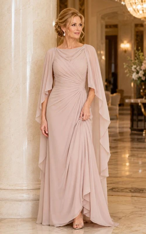 Elegant Beige Gown with Flowing Cape Sleeves — Grandmother of the Bride Outfits