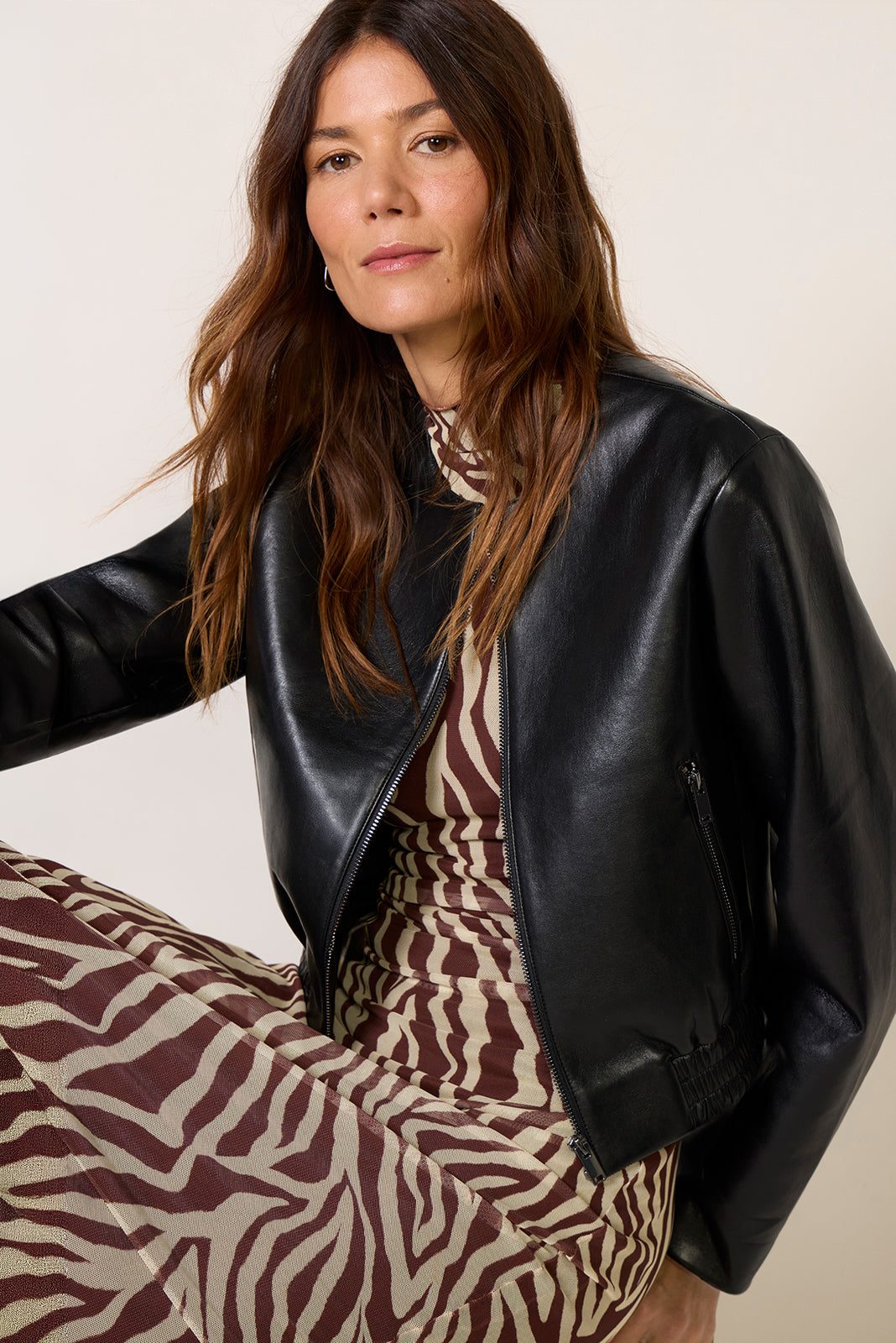 Cropped Black Leather Bomber Jacket with Zebra Print Dress Cropped Black Leather Bomber Jacket with Zebra Print Dress — Leather Jackets