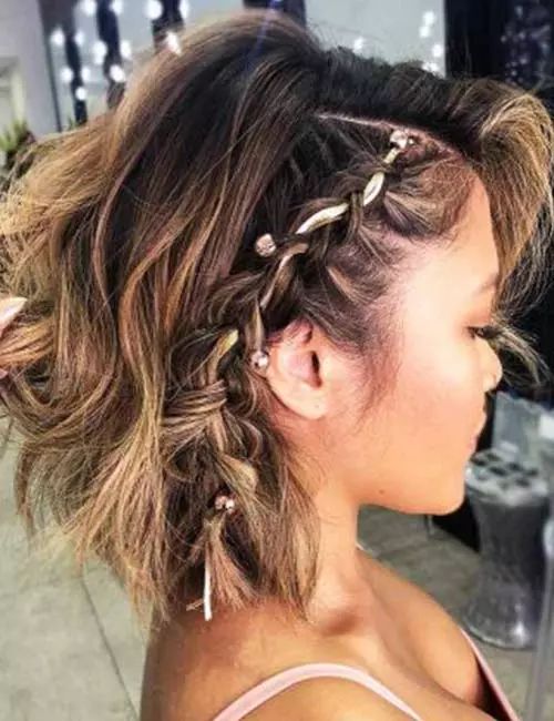 Medium Brown Layered Cut with Braids and Waves Medium Brown Layered Cut with Braids and Waves — Prom Hairstyles for Short Hair