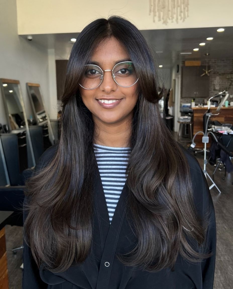 Dark Brown Lob With Voluminous Curtain Bangs Dark Brown Lob With Voluminous Curtain Bangs — Hairstyles with Bangs