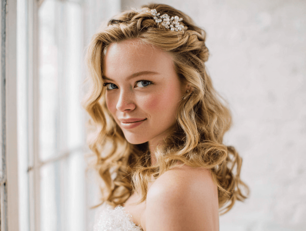 Shoulder Length Half-Up with Wispy Bangs — Wedding Hairstyles for Long Hair