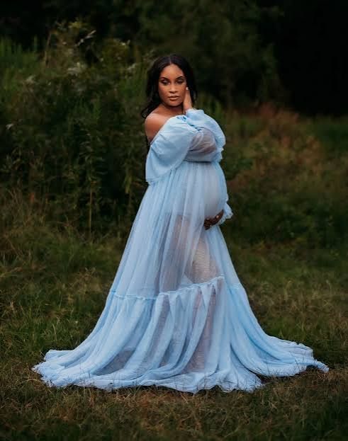 Ethereal Light Blue Sheer Maternity Gown for Photoshoots Ethereal Light Blue Sheer Maternity Gown for Photoshoots — Maternity Dresses