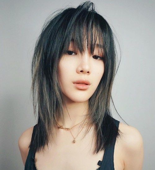 Black Wolf Cut With Blunt Bangs — Wolf Cut Medium Hair